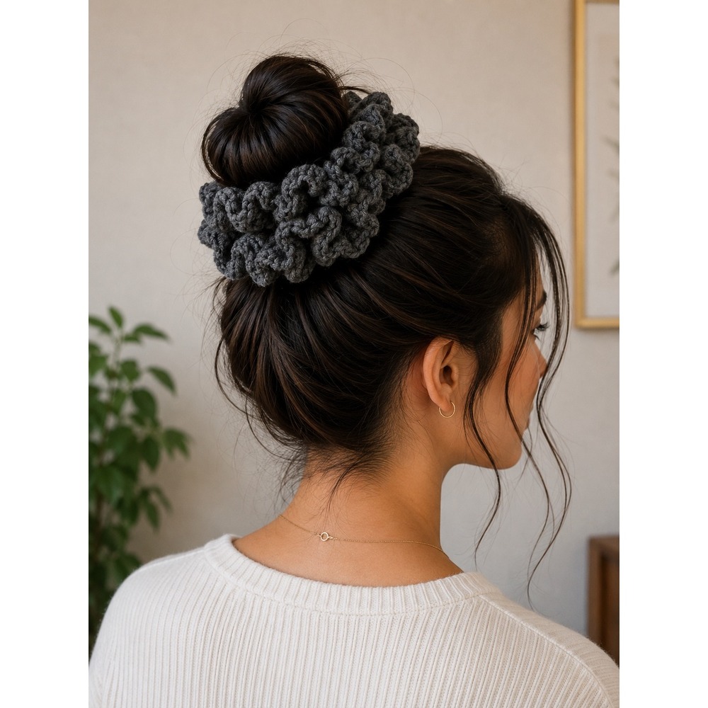 Handmade Crochet Oversized Scrunchie Charcoal Gray Ruffle Chunky Hair Tie
